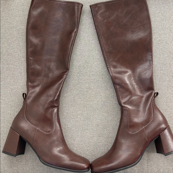 Jeffrey Campbell Hot Lava Boots Burgundy Coffee Brown Square Toe Knee High - Picture 3 of 10